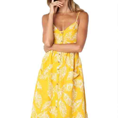 C580-292 Rochie midi de vara, galbena cu print floral si nasturi in fata