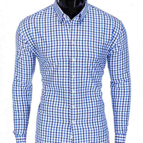 Camasa pentru barbati alb albastru in carouri slim fit elastica casual cu guler k387