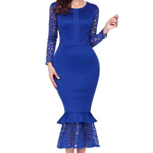 D603-4 Rochie albastra de ocazie, accesorizata cu dantela