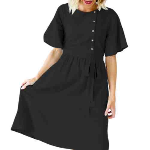 D620-1 Rochie midi cu maneci scurte si fundita in talie