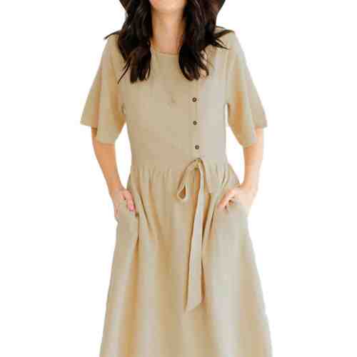 D620-15 Rochie midi cu maneci scurte si fundita in talie