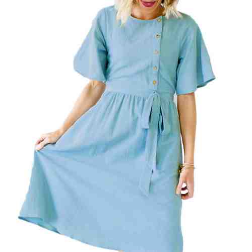 D620-48 Rochie midi cu maneci scurte si fundita in talie