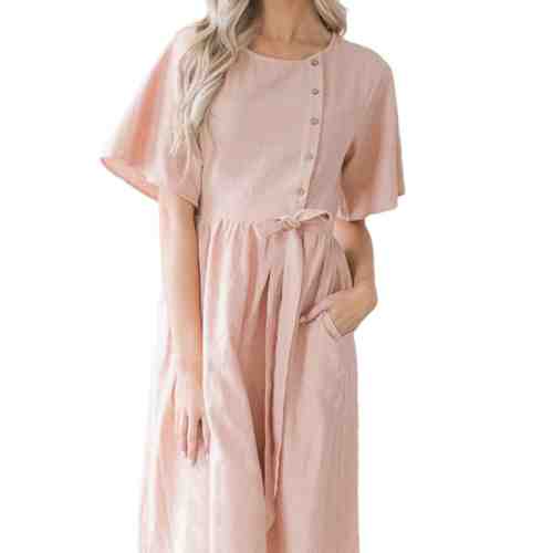 D620-5222 Rochie midi cu maneci scurte si fundita in talie