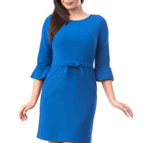 F584-4 Rochie albastra stil office, accesorizata cu fundita in talie