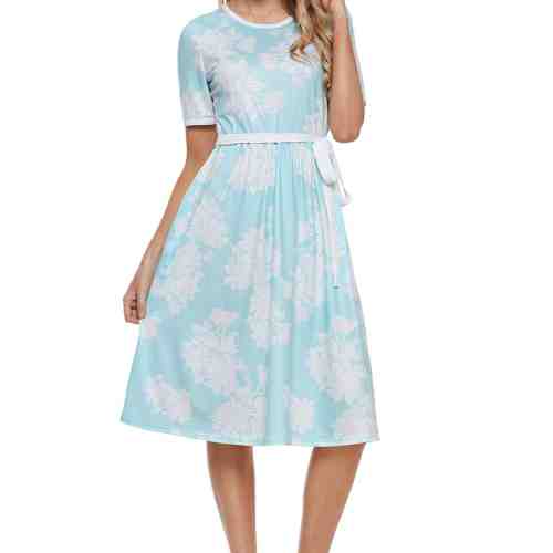 F606-22 Rochie midi cu imprimeu floral si maneci scurte