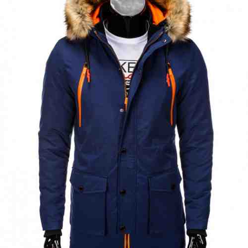 Geaca pentru barbati de iarna bleumarin impermeabila fermoar model slim buzunare laterale c300