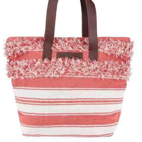 Geanta shopper crem&rosu in dungi cu franjuri Brakeburn