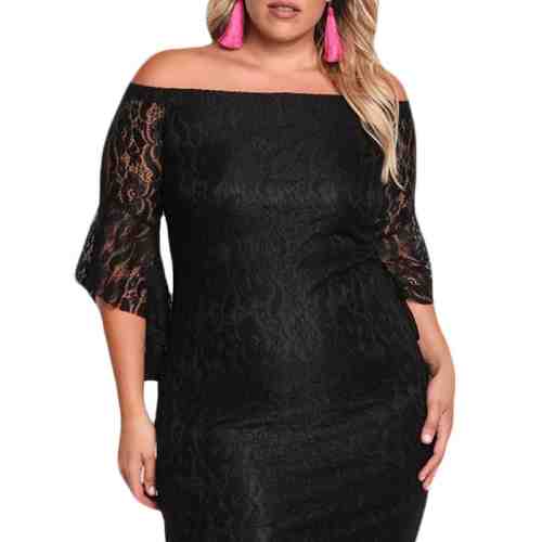L545P-1 Rochie plus size de seara, din dantela, cu umerii goi si maneci tip clopot