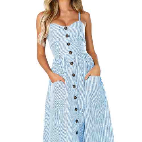 L609-22 Rochie midi de vara cu model dungi, bretele si buzunare