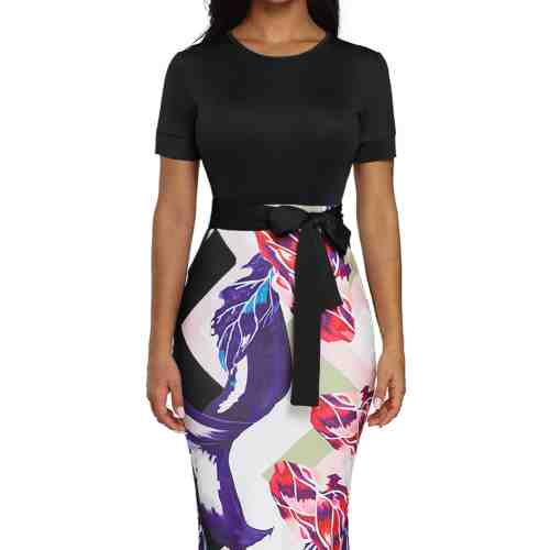 L610-1110 Rochie midi, croi conic cu model si fundita