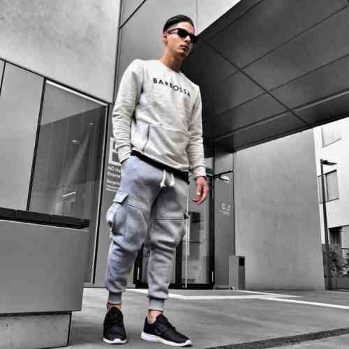 Pantaloni pentru barbati de trening gri conici banda jos cu siret alb buzunare laterale bumbac Z0014