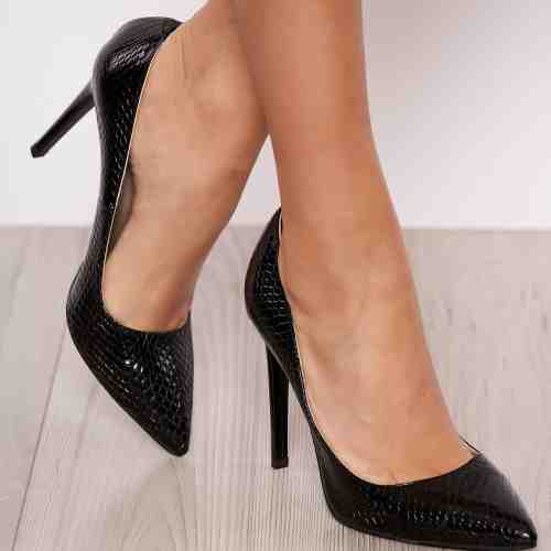 Pantofi stiletto negri eleganti din piele naturala cu toc inalt