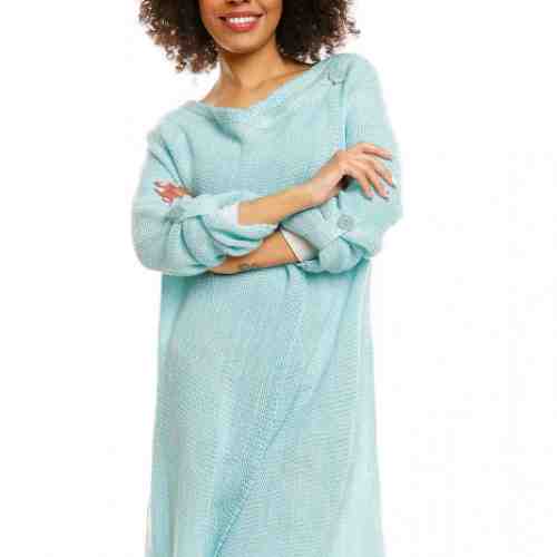 Pulover pentru femei tricotat lung asimetric turcoaz. stil cardigan 30041