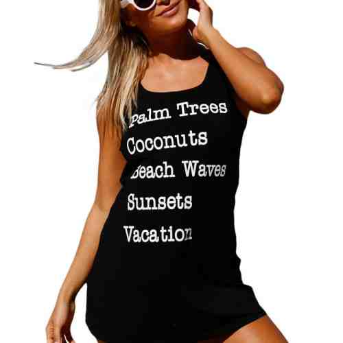 Q601-1 Rochie neagra de plaja fara maneci si cu text inscriptionat