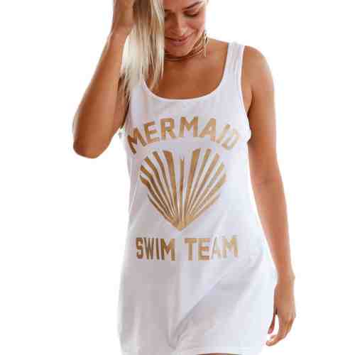 Q601-2 Rochie alba de plaja fara maneci si cu text inscriptionat