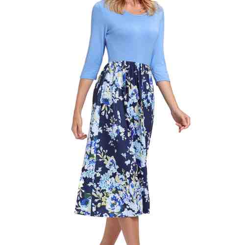 Q613-48 Rochie casual, cu imprimeu floral si maneci trei sferturi