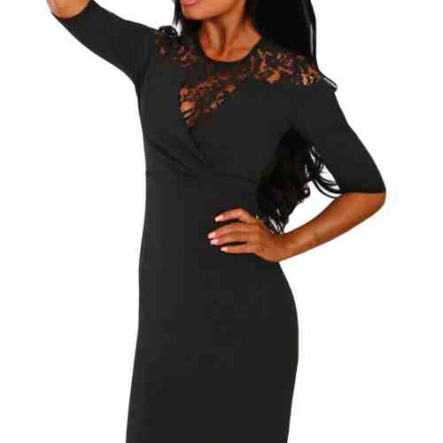 Q684-1 Rochie midi cu insertie din dantela si maneci trei sferturi