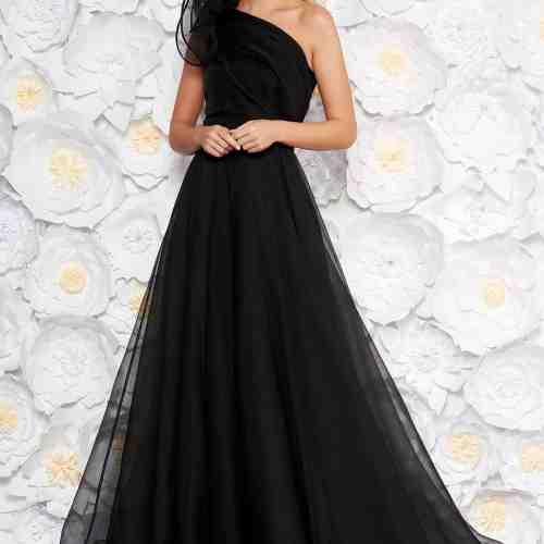 Rochie Ana Radu neagra de lux pe umar croi in clos captusita pe interior accesorizata cu cordon