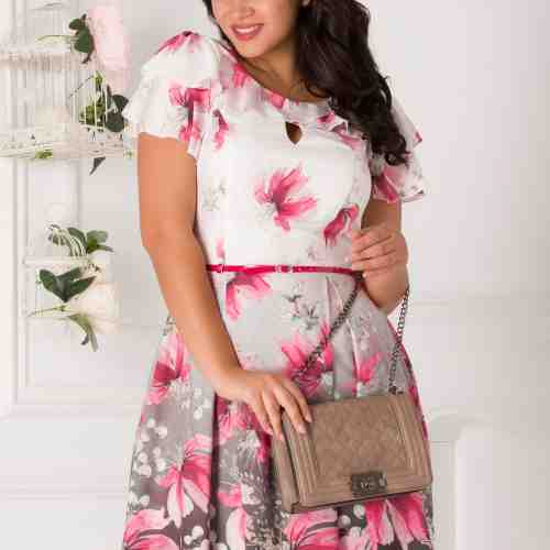 Rochie Anemarie alba cu imprimeu floral roz