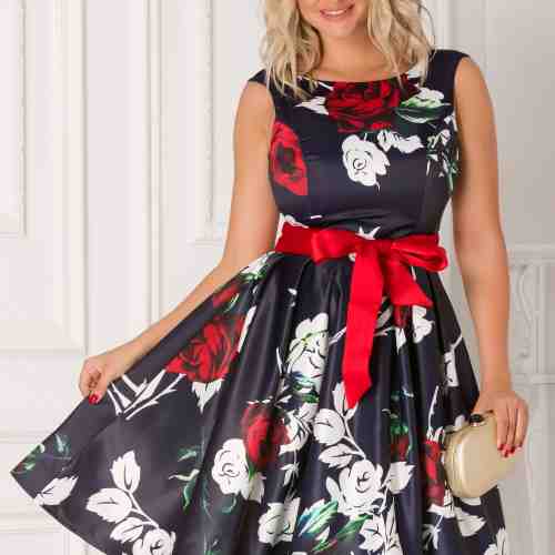 Rochie Artista bleumarin cu impimeu floral colorat