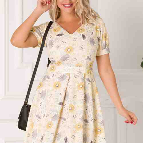 Rochie Carolina galben pal cu imprimeu floral