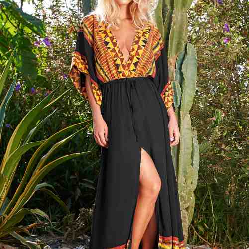 Rochie Cosita Linda neagra de plaja in clos cu decolteu in v cu elastic in talie