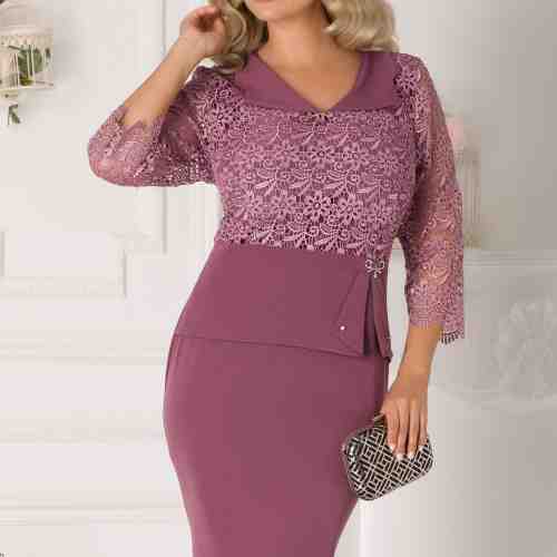 Rochie Ermin lila cu dantela la bust si maneci trei sferturi