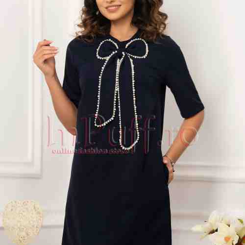 Rochie Fofy eleganta bleumarin cu funda la gat