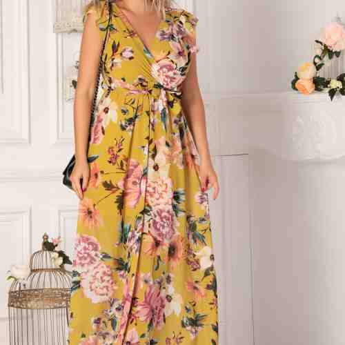 Rochie Jannine galbena cu imprimeuri florale roz