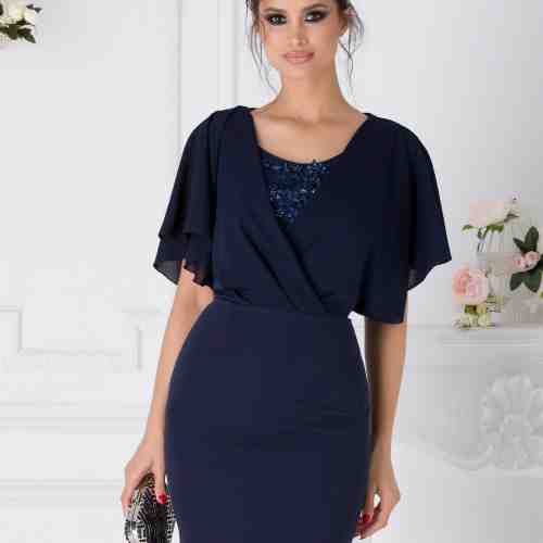 Rochie Kamelia bleumarin cu voal si broderie la bust