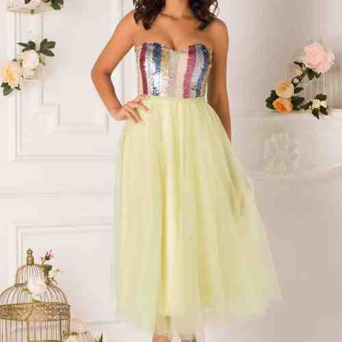 Rochie LaDonna verde lime cu paiete multicolore la bust