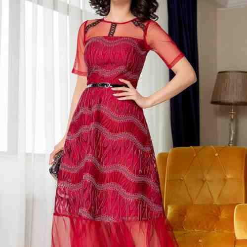 Rochie Moze bordo din organza cu lurex argintiu