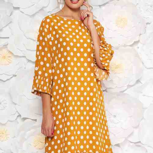 Rochie mustarie de zi cu croi larg cu maneci clopot din material subtire cu buline
