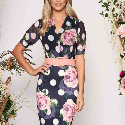 Rochie PrettyGirl albastru-inchis eleganta de zi cu un croi mulat cu accesoriu tip curea