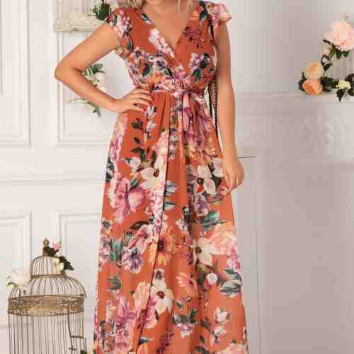 Rochie Sally caramizie cu flori mari pastelate