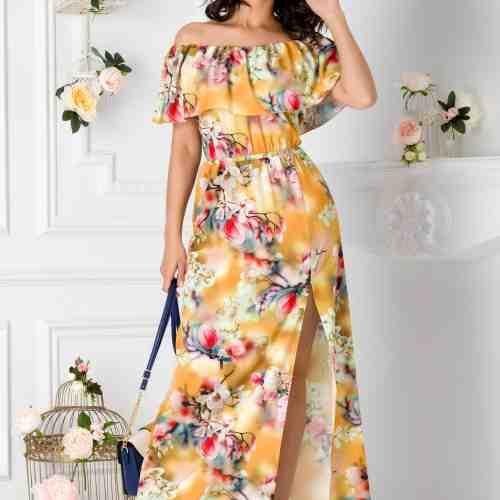 Rochie Samira lunga galbena cu imprimeu floral