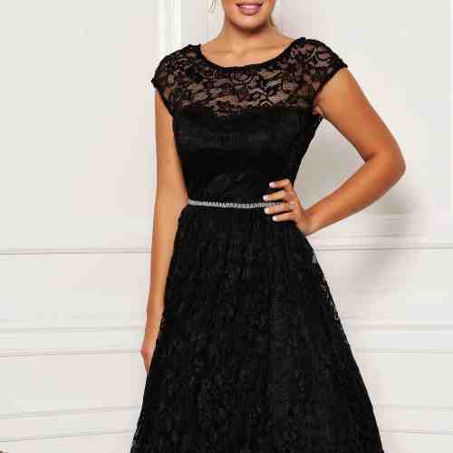 Rochie StarShinerS neagra eleganta in clos din dantela captusita pe interior accesorizata cu cordon