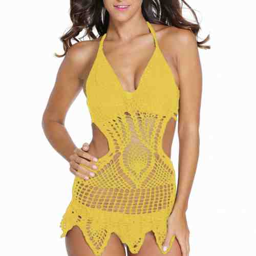 RV277-9 Rochie galbena pentru plaja, model crosetat