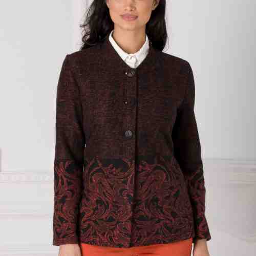 Sacou casual negru cu insertii si imprimeu caramiziu