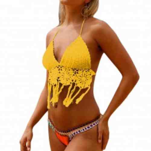 SW964-9 Costum de baie galben in doua piese, cu neopren