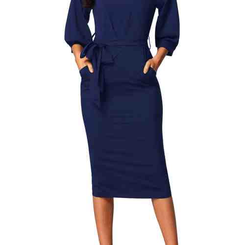 U558-4 Rochie midi stil office, cu maneci trei sferturi