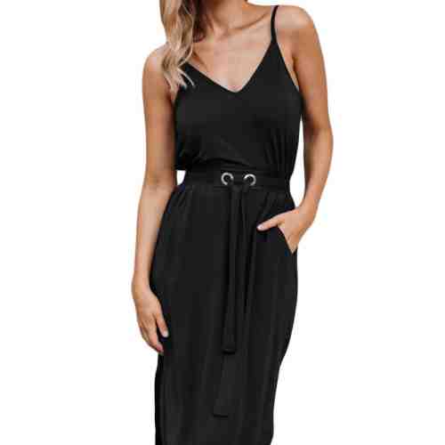 U724-1 Rochie casual accesorizata cu snur in talie si decolteu in V