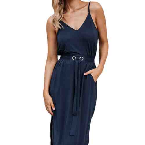 U724-44 Rochie casual accesorizata cu snur in talie si decolteu in V
