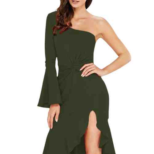 V557-12 Rochie midi de cocktail, cu o maneca lunga tip clopot