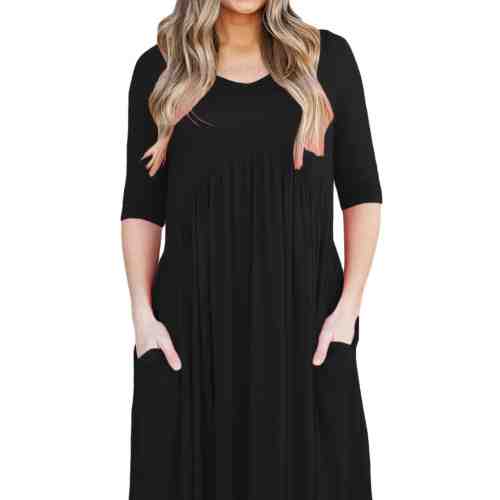 V680-1 Rochie casual midi cu maneci trei sferturi, decolteu in V si buzunare laterale