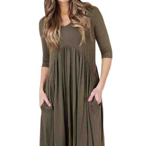 V680-120 Rochie casual midi cu maneci trei sferturi, decolteu in V si buzunare laterale