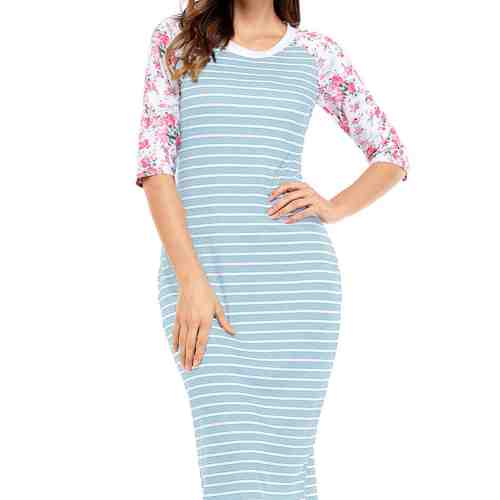 V681-22 Rochie midi model in dungi orizontale si maneci trei sferturi cu model floral