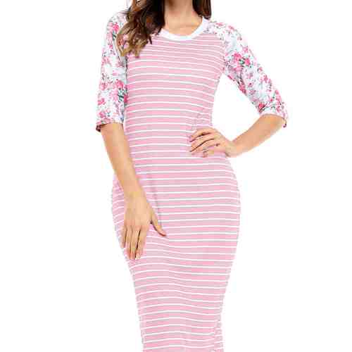 V681-225 Rochie midi model in dungi orizontale si maneci trei sferturi cu model floral