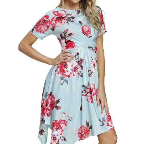 V688-48 Rochie midi cu model asimetric, imprimeu floral si maneci scurte
