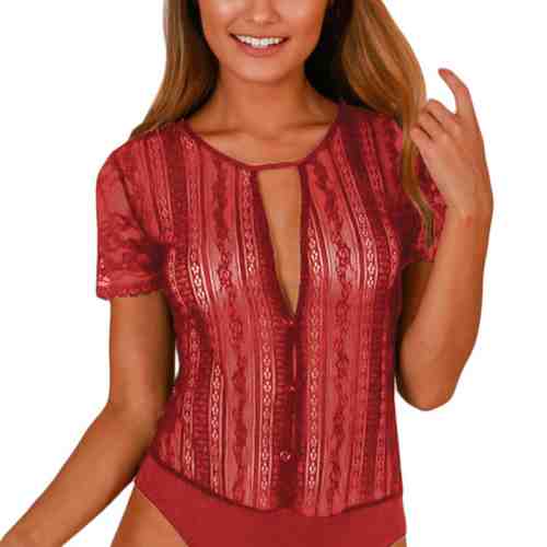 W684-3 Lenjerie sexy tip body din dantela florala si maneci scurte